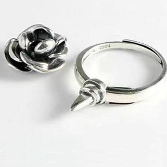 ROSE Gothic Antique Washed Silver Rose Ring Adjustable Detachable Poison - Picture 8 of 12